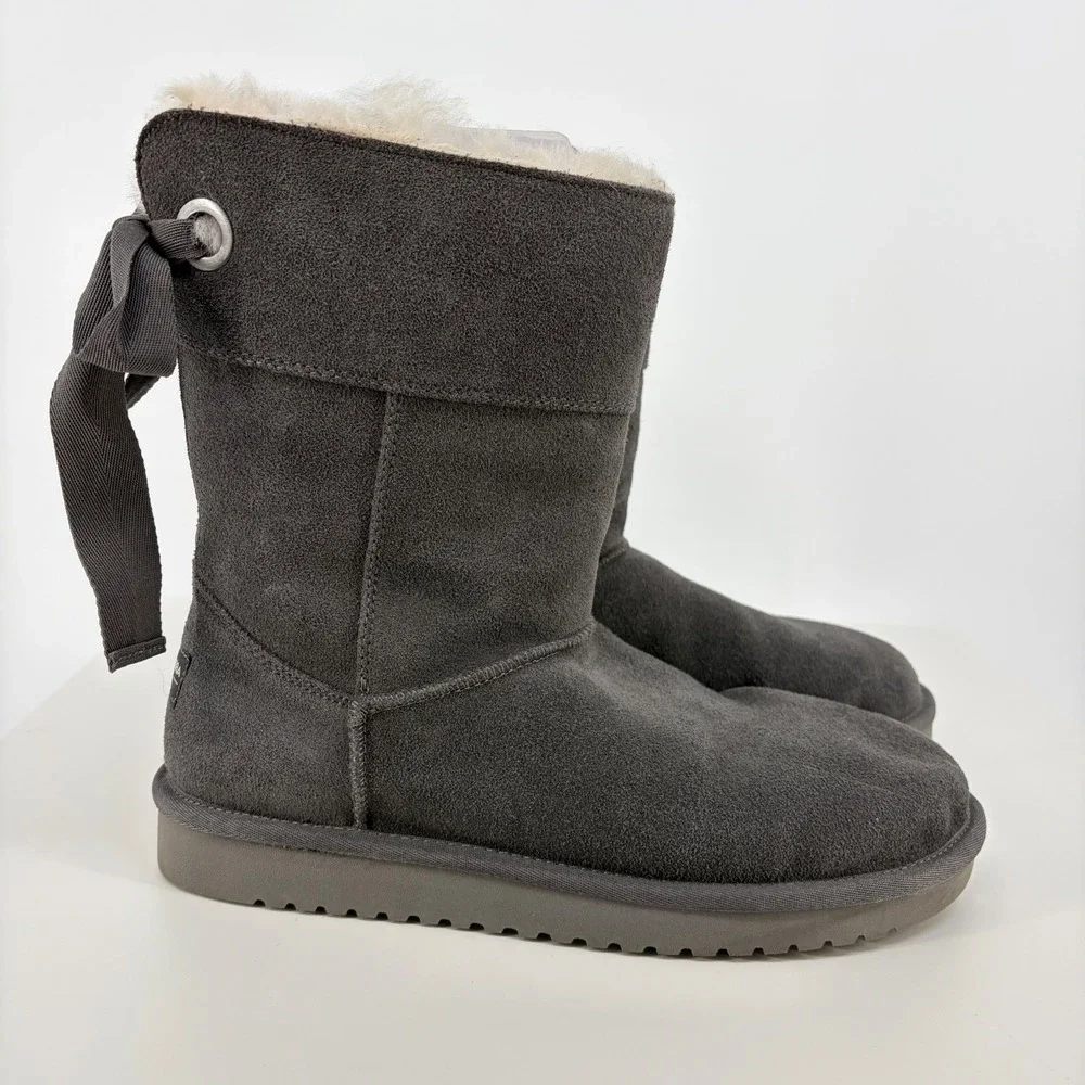 Koolaburra by UGG Victoria Boot Suede Bow Back Grey Winter Cozy Women 9